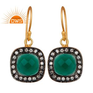 Pendientes colgantes de moda chapados en oro de 18k, fabricante de joyería con forma cuadrada, aretes de piedras preciosas de ónix verde, proveedor de joyería - Product Image 1