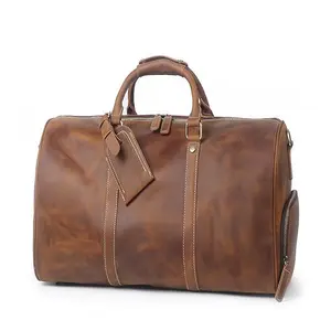 Travel Bag Made From Leather Drop Shipping Accept Customize Overnight Waterproof Large-capacity Brown Top Grain Leather Luggage