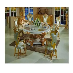 Hand Carved 6 Seater Round Dining Set Luxurious Gold Carving Dining Table Set Royal Indian Carving Round Dining Set