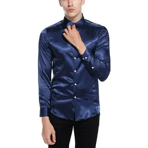 Nieuwe Navy Glad Zijde Satijn Shirt 2022 Mannen Slim Fit Lange Mouwen Button Down Jurk Shirts Op Groothandel