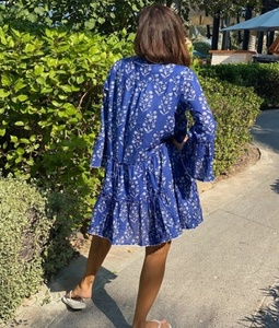 Blue Floral Print Short Sleeve Mini <b>Dress</b> COLLARLESS <b>Loose</b> Boho Style Cotton <b>Summer</b> Party with Ruffle Hem Vintage Handmade - Product Image 5