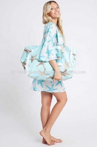 Bohemian Style Cotton Chiffon Dress Turquoise Star Print <b>Lantern</b> Sleeve <b>Mini</b> Casual Eco-Friendly Plus Size Summer Dress Women - Product Image 3