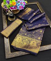 Saree Sutra Jacquard Banarasi Wanita Anti Kusut Panjang Menyentuh Lantai Pakaian Etnik Desain Modern Abadi untuk Pesta Pernikahan Festival