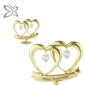 Crystocraft 24k Gold Plated Metal Double Hearts Figurine with Brilliant Cut Crystals Personalized Happy Anniversary Gifts