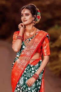 Sarcelle en soie imprimée indienne, Blouse à pièces, 2022, vêtement traditionnel, port royal, nouvelle collection - Product Image 3