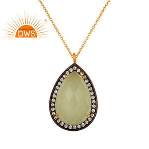 Handmade 925 Silver Long Chain Necklace Supplier CZ Prehnite Chalcedony Gemstone Pendant Jewelry - Product Image 1