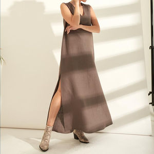 Vestido Largo sin Mangas con Cuello en V, 100% Lino, Color Marrón, Última Moda 2026, para Mujer, Nuevo, con Decoración de Botones Chic - Product Image 4