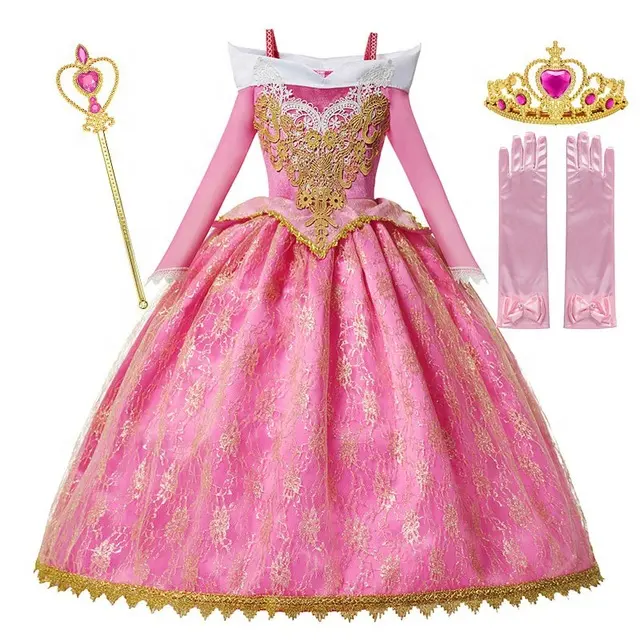מכירה לוהטת מוצרי בנות Deluxe נסיכת תלבושות ארוך שרוול שינה יופי תחרות המפלגה שמלת ילדי עם אביזרים