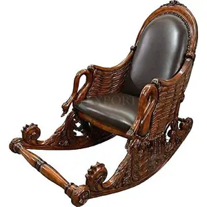 Antique Swan Style Carved Rocking Chair European Vintage Look Swan Rocking Chair Heavy Carved Solid Teak Wood Rocking Chair