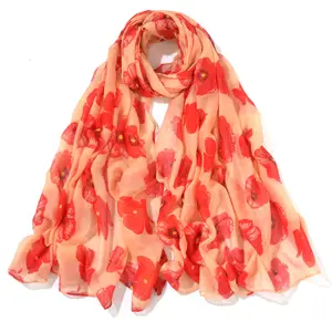 Autumn And Winter Poppy flower Flower pattern Voile Female digital print long printed scarves shawls