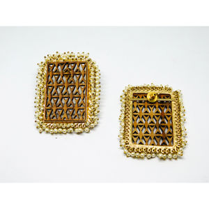 fashion jewellery trending handmade golden matte finishing square wooden hoop stud earing for girls and women - Product Image 2