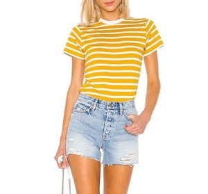 Camiseta de manga corta con cuello redondo para mujer, ropa de alta calidad a rayas blancas y amarillas, personalizada - Product Image 2