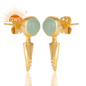 Diseñador amarillo chapado en oro Aqua Calcedonia piedra preciosa 925 Plata Stud pendiente joyería mayorista colección clásica - Product Image 2