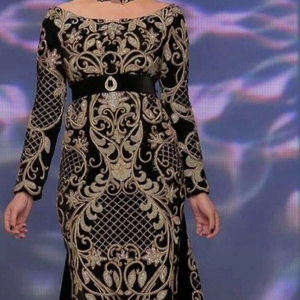 BLACK STYLISH WORK CAFTAN DRESS EMBROIDERY of DABKA, CRYSTAL GLASS BEADS,GLASS STONE WORK for PARTY-WEAR @ 2022 - Product Image 1