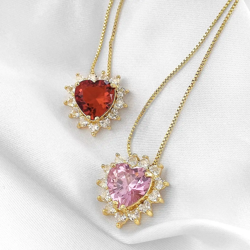 Valentine's Gift jewelry gold plated Iced Out Bling Diamond Red Pink CZ Heart Pendant Necklace