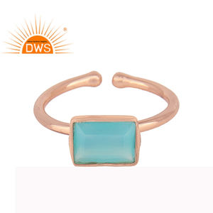 925เงินสเตอร์ลิงธรรมชาติสีฟ้า Aqua Chalcedony แหวนพลอยกุหลาบชุบทองปรับแหวนเงินผู้ผลิต - Product Image 1