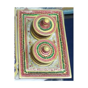 Plateau et bol à aliments secs en marbre, fait à la main, Art rajasani, couleurs or, 4 pièces - Product Image 1