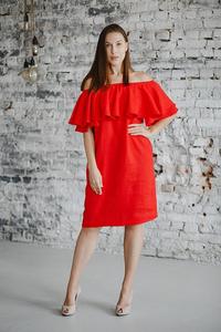 Robe Courte Rouge en Crêpe de Lin à Volants et Épaules Dénudées pour Femme – Coupe Ample, Tissu Respirant, Style Pompon, Idéale pour l'Été et les Occasions Formelles - Product Image 5