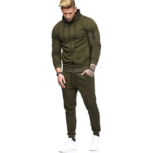 High Quality Men's Gym Wear Zip Up Plain Hoodie With Zipper Pocket On Right Sleeve & Joggers Pant Tracksuit Set - Product Image 6