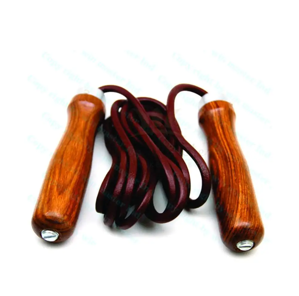 Brown leather string with wooden handle speed jump skipping rope