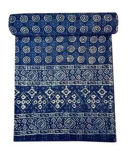 Indian Handmade Blue Indigo Hand Block Print 100% Cotton Kantha <b>Quilt</b> Throw <b>Blanket</b> - Product Image 5