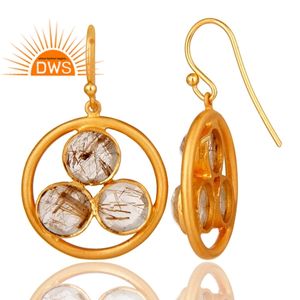 Golden Rutile Gemstone Earring Round Gold Plated Silver Hook Earring Wholesale Indian Gemstone Jewelry Manufacturer - Product Image 3