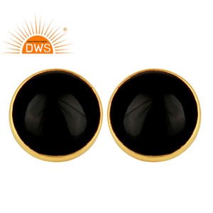 Black Onyx Round Bezel <b>Set</b> 925 <b>Sterling</b> <b>Silver</b> 14k Gold Plated <b>Stud</b> <b>Earring</b> Jewelry Supplier Classic Collection - Product Image 1