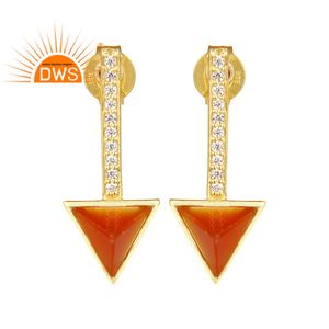 Pendientes de tuerca de Plata de Ley 925 chapados en oro de 14k, joyería al por mayor, aretes triangulares de ónix rojo Natural, proveedor - Product Image 1