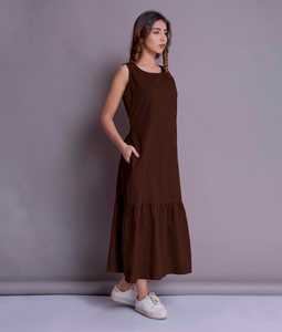 Robe à la mode en lin pour femmes, col en crêpe, sans imprimé, longueur au sol, couleur bordeaux, nouvelle collection - Product Image 3