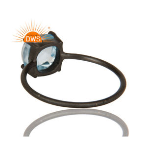 Anneaux en argent Sterling noir, rondes à empiler, pierre précieuse en topaze bleue naturelle, 1 pièce - Product Image 3