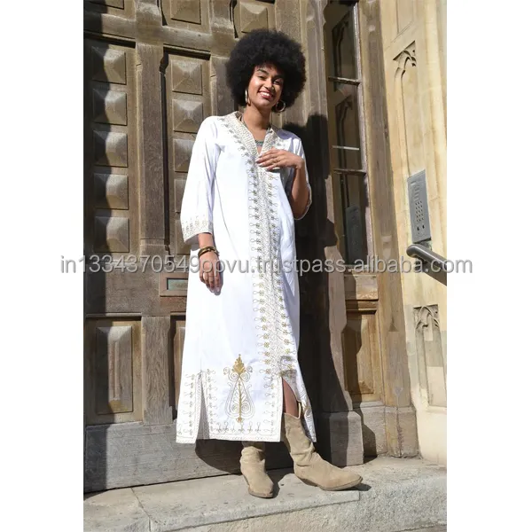 Boho Inspire Stunning Vintage White Indian Gold Lovely Embroidered Kaftan Dress Perfect for Parties Hot OEM Wholesale Maxi Dress