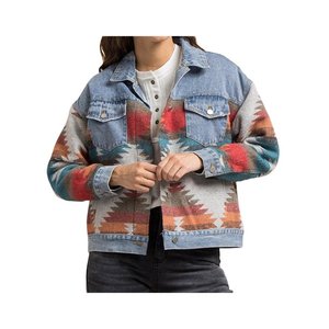 Women's Vintage Denim <b>Jacket</b> with Geometric Print Long Sleeve Lapel Cardigan for Winter Junior Size - Product Image 4