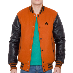 Chaqueta de béisbol para hombre, chaqueta ajustada con manga de cuero negro y naranja, diseño a la moda, 2021 - Product Image 5
