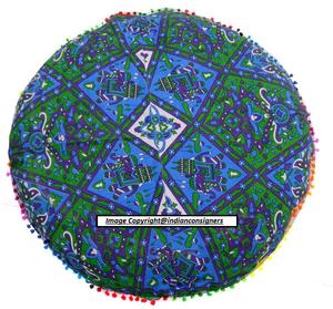 Elefante Mandala Impreso Verde Forma Redonda Algodón Piso Funda de Cojín Estampado Animal Puff Multiusos Por Consignadores Indios - Product Image 5