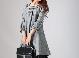 Robe d'été formelle pour femme, longueur genou, en lin gris uni, manches longues, col rond, coupe classique, tissée, respirante, brodée - Product Image 3