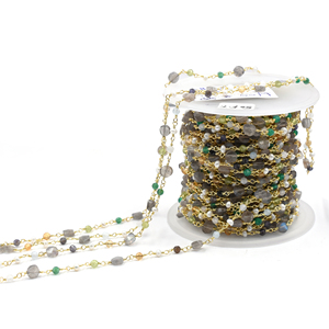 สร้อยประคำหินหลายชนิด หยกเขียว เพอริดอท มุก ลาบราโดไรต์ ขนาด 3-5 มม. รูปทรงรอนเดลล์ หุ้มทองเหลือง 18K ชุบทอง พร้อมสายทองหุ้มลวด - Product Image 5