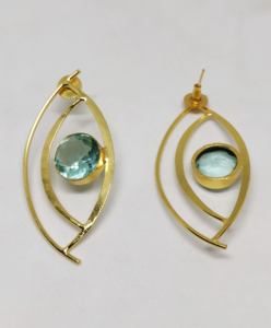 new designer latest trending handmade goldplated matte finish round stone <b>stud</b> hoop Brass <b>Earrings</b> for <b>girls</b> and women - Product Image 2