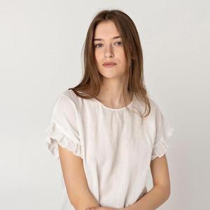 Blusa romántica de lino orgánico suave para mujer en blanco con estilo para mujer cuello redondo manga corta arrugada Top de verano absoluto - Product Image 4
