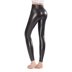 Custom Black Artificial Leather Women's Hip Hop Pants Plus Size Stretchable <b>Leggings</b> with Button Decoration Breathable Washed - Product Image 4