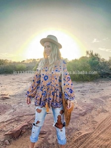 Boho Floral Print 100% Cotton Loose <b>Top</b> Off-the-Shoulder Neck <b>Bubble</b> Sleeves Straight Hem Tassel Detail Summer Holiday - Product Image 2