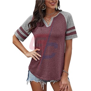 Camiseta de manga corta larga con bloque de color para mujer, camiseta informal con cuello redondo, proveedor de camisetas tipo túnica - Product Image 5