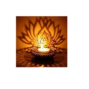 Tazón de grabado de flor de loto, vela de té, soporte votivo, centro de mesa de hierro, estilo tradicional, Metal, multicolor/personalizado, nuevo - Product Image 1
