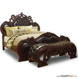 Banco de cuero tallado antiguo Banco de extremo de cuero genuino Mano Dormitorio Sala de estar Hotel Apartamento Muebles de madera para el hogar - Product Image 3