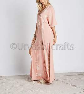 Longue robe Kaftan avec col en v, vêtement pour femmes, coupe brodée, fente haute, mode 2020 - Product Image 4