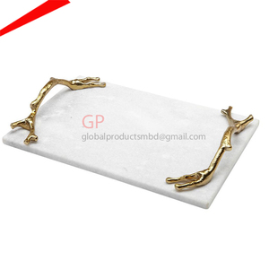 Plateau décoratif avec poignée en feuille dorée, plateau en marbre - Product Image 6