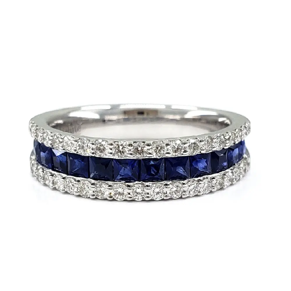 China Moderno Clássico Casual Design 18k Ouro Branco Sólido de Alta Qualidade Real Diamante Azul Safira Quadrado Corte Banda Anéis Para As Mulheres