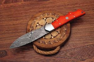 มีดสกินเนอร์เหล็กดามัสกัสทำมือปรับแต่งได้ปลอกหนังมีเขาจับทำจากหนังทุกวันถือใบมีดคงที่เกรด DIY - Product Image 3