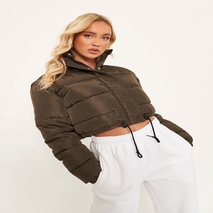 Cuerpo corto con cremallera mangas completas mujer burbuja Puffer chaqueta de satén 2025 Color sólido cuello alto relleno de plumas Micro bola fibra - Product Image 4