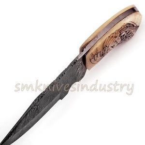 Hermoso Cuchillo de Caza y Desollado de Damasco Hecho a Mano, Cuchillo de Camping con Hoja de 5 Pulgadas de Acero de Alto Carbono y Mango de Hueso de Camello, Fabricación OEM - Product Image 3