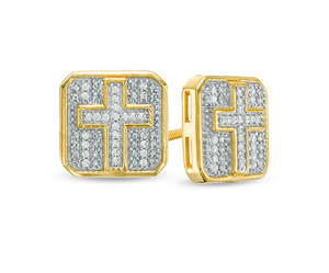 Boucles d'oreilles croix en or jaune 10K pour homme 1/2 carats avec diamants ronds - Product Image 1